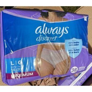 2 Packs Of 38–Always Discreet Underwear Maximum Large for Sizes 14-20 76 Count